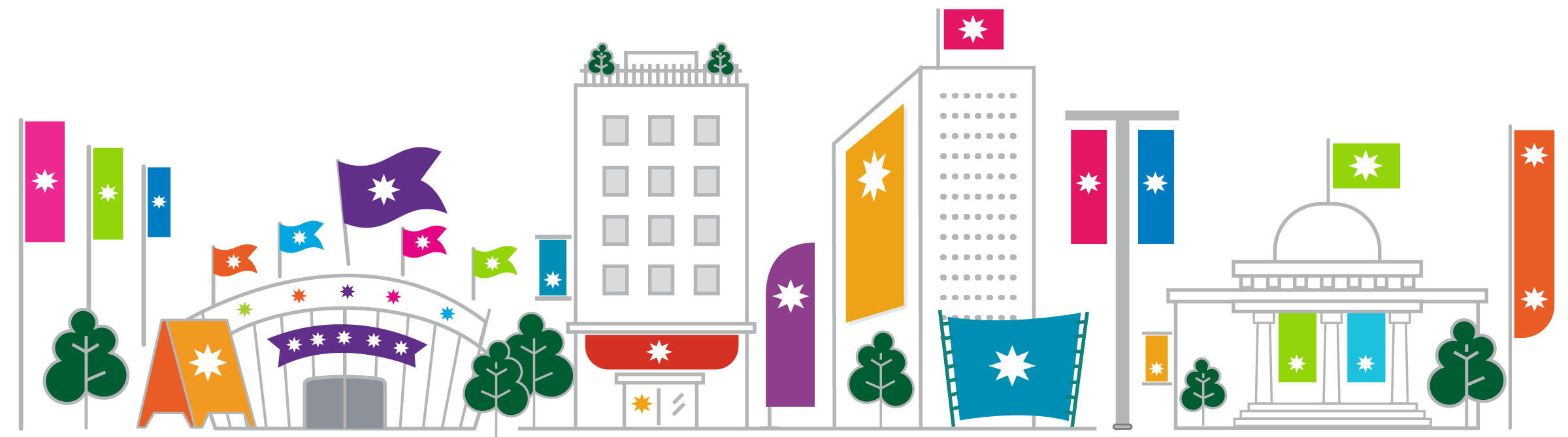 Home2 24 cityscape with banners and flags long